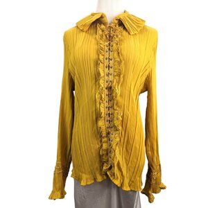 Vintage Jennifer Lloyd Woman Pleated Lace Up Yellow Blouse Bell Sleeves Size 1X